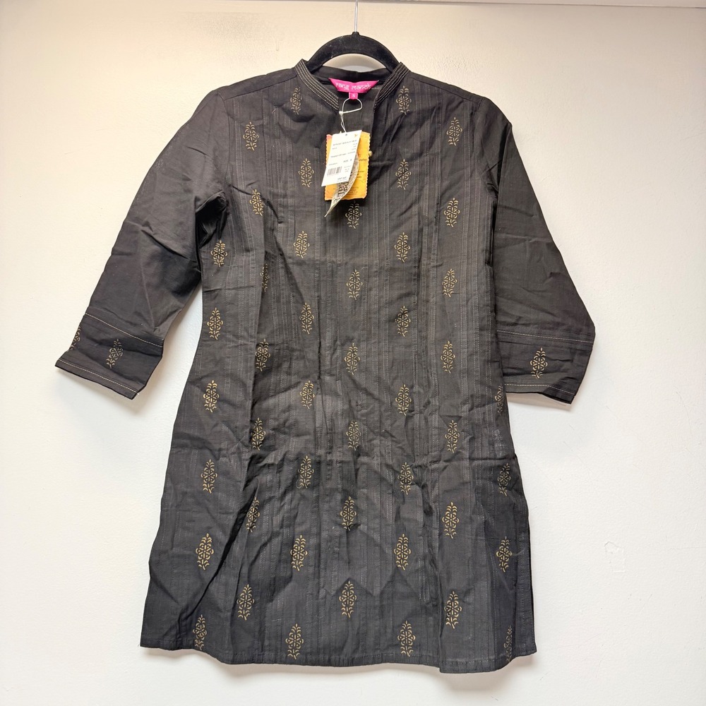 Black Tunic with Gold Motif - Women's Elegant Longline Top